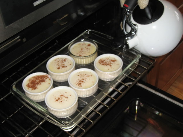 Photo of custard in warm water bath.
