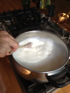 Bubbling milk at 160 degrees, ready for yogurt making