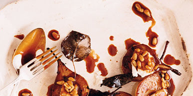 Pears on Plate with Honey and Pine Nut Caramel