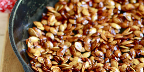 Honey Roasted Pumpkin Seeds in Cast Iron Skillet